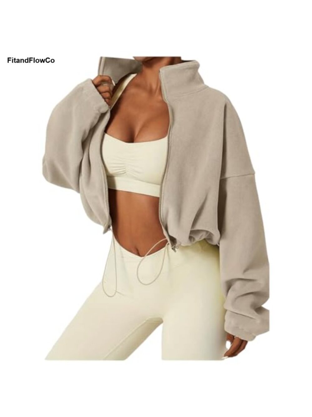Oversized Cropped Fleece Zip Up Hooded Sweatshirt Long Sleeve Casual Workout